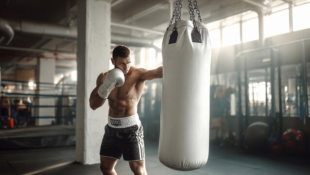 Blank white punching bag with man training mockup, ai generated