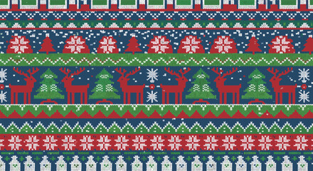 Seamless knitted pattern for a classic ugly Christmas sweater design featuring reindeer, pine trees, and snowflake motifs.