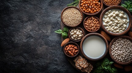 A variety of grains, nuts, and dairy presented on a wooden platter with herbs