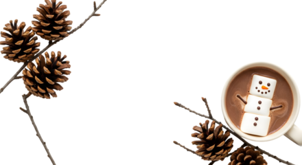 Hot Chocolate Snowman With Pine Cones Cut Out PNG.