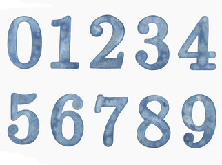 Hand painted watercolor blue numbers 0-9 isolated on a white background.