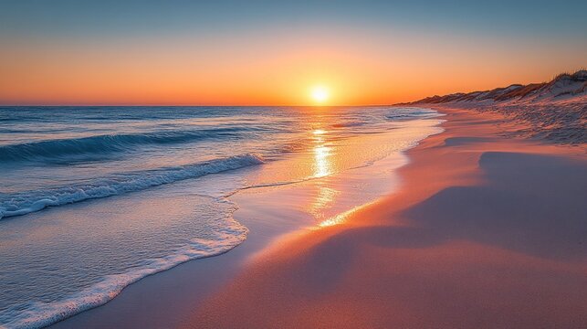 Golden sun sets over a peaceful beach, casting warm reflections on the water