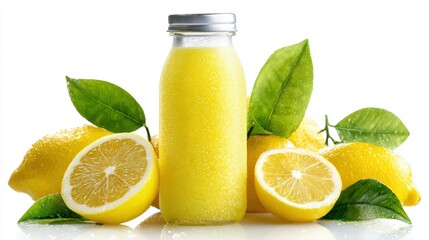 Fresh lemon juice in glass bottle surrounded by ripe lemons and green leaves, natural citrus beverage and healthy vitamin refreshment