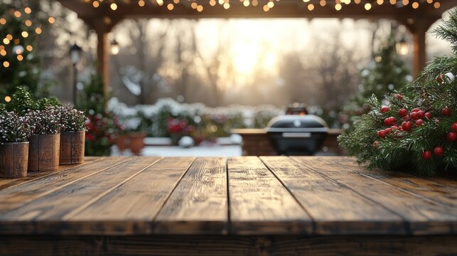 An inviting wooden table adorned with plants and greenery glows in evening sunlight