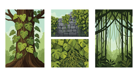 Set of four illustrations showcasing lush green lianas and climbing vines in a jungle, overgrowing trees and ancient ruins.