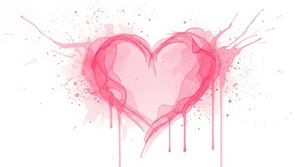 Abstract pink watercolor heart shape with splashes and drips on white background