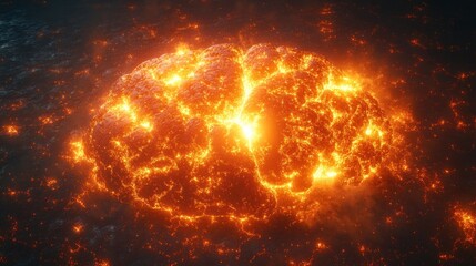 Obraz premium Molten lava erupts and forms a striking, brain like shape in a dark environment