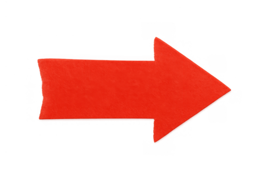 Red arrow sign pointing right indicating direction, guidance, and navigation on transparent background