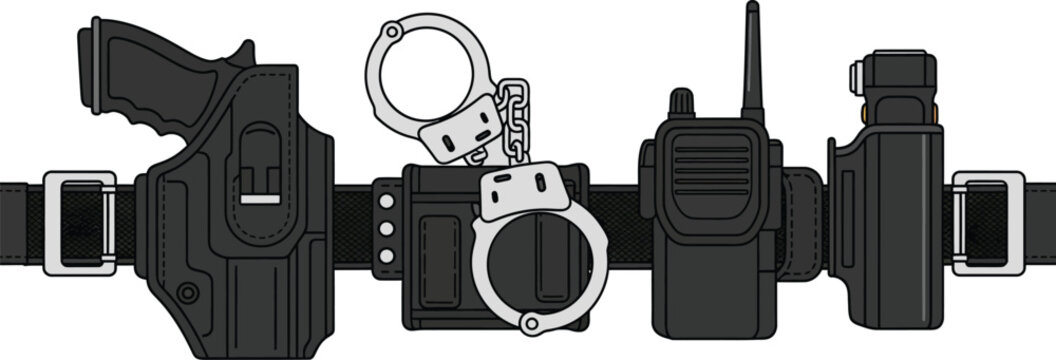 Black police duty belt with gun holster handcuffs radio and flashlight vector