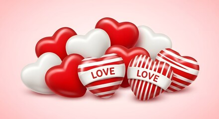 A pile of red and white heart shaped candies with the word love written on them for valentine s day