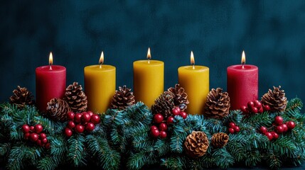 Five brightly colored candles sit amidst a lush arrangement of pine cones and berries