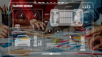 Close-up view of hands working on electric vehicle technology with digital interface. Engineers collaborate in a modern workspace, exploring data analysis and innovative design concepts. Raster - Powered by Adobe
