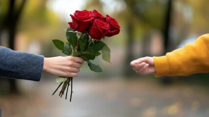 Hands exchanging vibrant red rose bouquet a symbol of love and affection in an outdoor scene