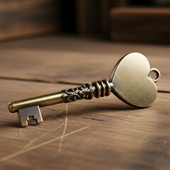 Antique brass heart shaped key lying on a rustic wooden surface with shallow depth of field