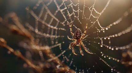 Obraz premium Detailed spider on dewy web with sparkling water droplets in golden morning light, intricate nature photography showing arachnid predator and silk threads outdoor macro