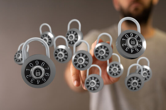 Abstract image representing digital security, protection and encryption. Finger touching padlocks symbolizing a - Powered by Adobe