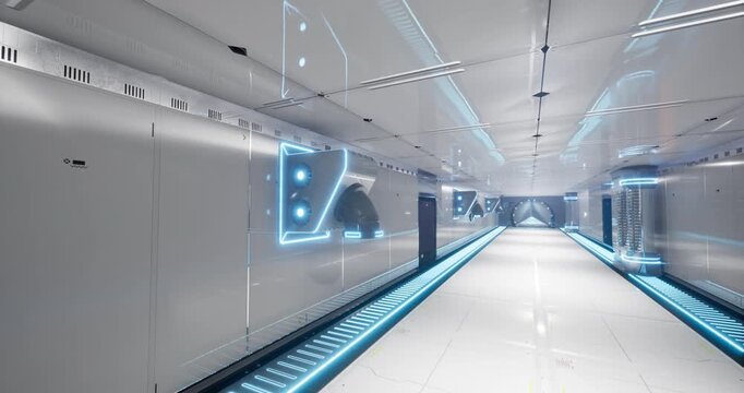 A sleek corridor features glowing blue lines and high tech displays, creating a modern aesthetic. The environment is illuminated, showcasing a spacious and advanced design.