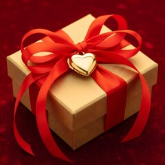 Elegant golden heart charm adorns a kraft paper gift box tied with a vibrant red ribbon