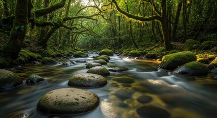 Flowing river with mossy stones surrounded by lush forest during early morning hours