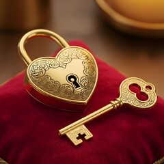 Antique golden heart shaped padlock with ornate key resting on rich red velvet fabric