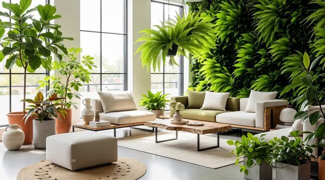 Serene and spacious living room adorned with lush green plants and comfortable neutral furniture.
