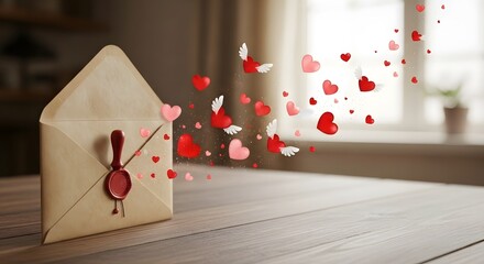 Open envelope releasing a shower of red and pink hearts symbolizing love and affection