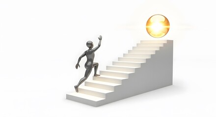 A stylized figure ascends a white staircase towards a glowing golden orb symbolizing success and achievement