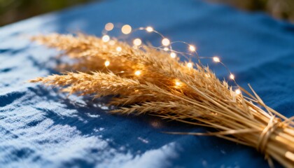 Dried golden wheat stalks with warm fairy lights. Rustic autumn decoration on a blue linen cloth. Cozy holiday concept