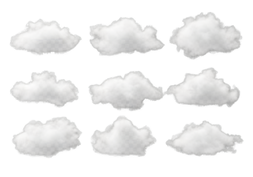 10 Volumetric Cloud Puffs and Wisps – Isolated on Transparent Background PNG