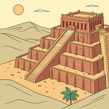 Ancient mesopotamian ziggurat in a desert landscape