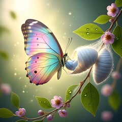 Close up of a vibrant rainbow butterfly with delicate wings resting on a blooming cherry blossom branch with dew drops