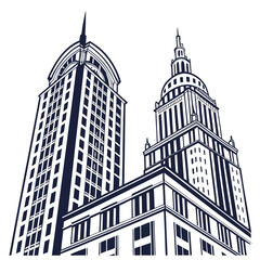 Artistic line drawing of two tall art deco skyscrapers