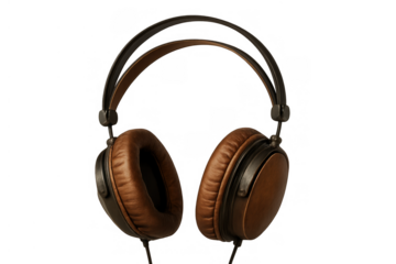 Brown leather studio headphones producing immersive sound for personal listening with transparent background