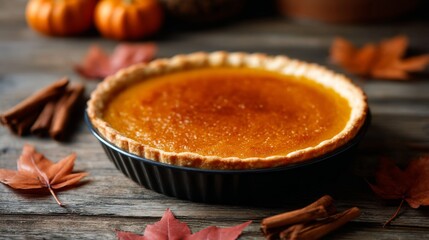 Delicious pumpkin pie sits on a rustic wooden table. The crust is golden and flaky. Decorated with autumn leaves and small pumpkins. A perfect dessert for fall celebrations. AI