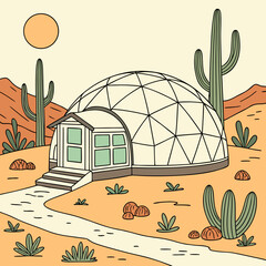 Desert geodesic dome home with cacti and sun © Wow