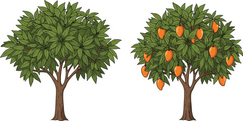 Fruit tree and non-fruit tree comparison, nature contrast, seasonal growth, agriculture concept, orchard productivity, botanical diversity, flat vector illustration