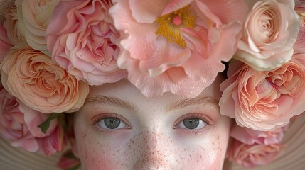 A young woman with freckles wears a crown made of vibrant pink flowers, enjoying nature