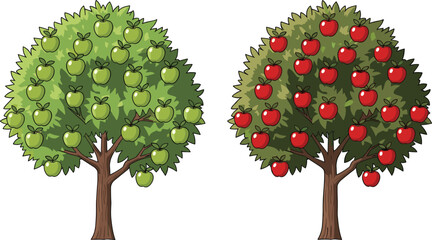 Apple tree illustration, green apples, red apples, fruit orchard, nature icon, harvest season, CAD drawing, flat vector, garden flora, healthy food