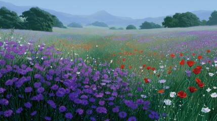 A vibrant field of wildflowers stretches across the landscape. Colorful blooms in purple, red, and white create a stunning scene. Ideal for nature lovers and artistic inspiration. AI