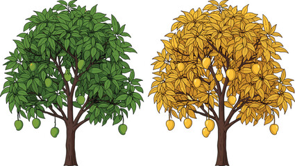 Mango tree with ripe and unripe fruits, green and yellow leaves, tropical orchard, fruit ripening stages, agriculture, nature contrast