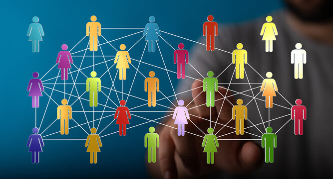 Concept of social networking, global connections, teamwork, community, and digital communication on a blue back