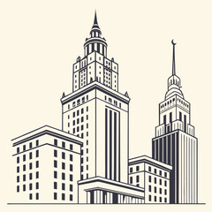 Naklejka premium Stylized drawing of iconic stalinist empire style skyscrapers