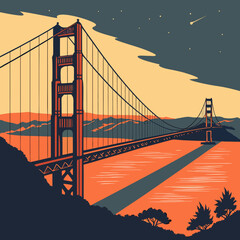 Stylized golden gate bridge at dusk with a shooting star