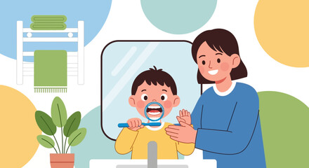 A mother patiently teaches her young son the proper way to brush his teeth, promoting good oral hygiene habits in a bright bathroom setting