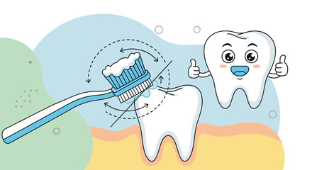 Dental hygiene concept showing how to properly brush teeth with a toothbrush, featuring a smiling cartoon tooth character giving a thumbs up