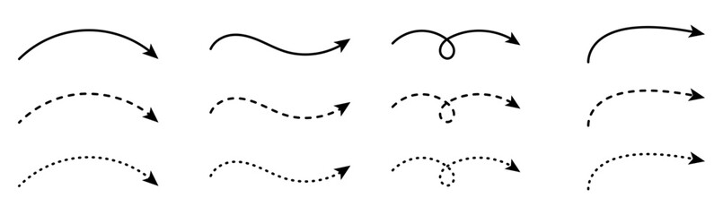 Curved Arrows Set - Smooth, Dashed, and Dotted Line Arrow Styles for Direction and Highlighting.