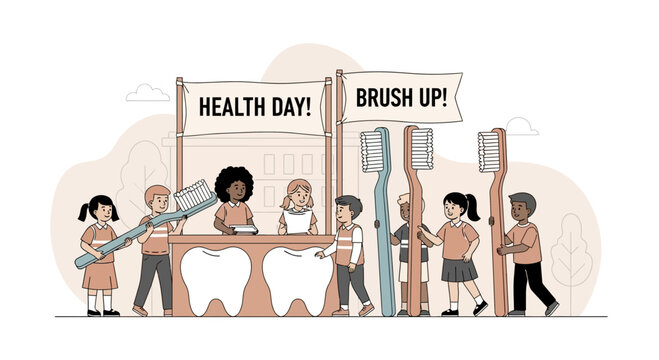 Children engage in an interactive health day, learning about dental hygiene with oversized toothbrushes and teeth models, promoting essential oral care habits for a healthy smile - Powered by Adobe