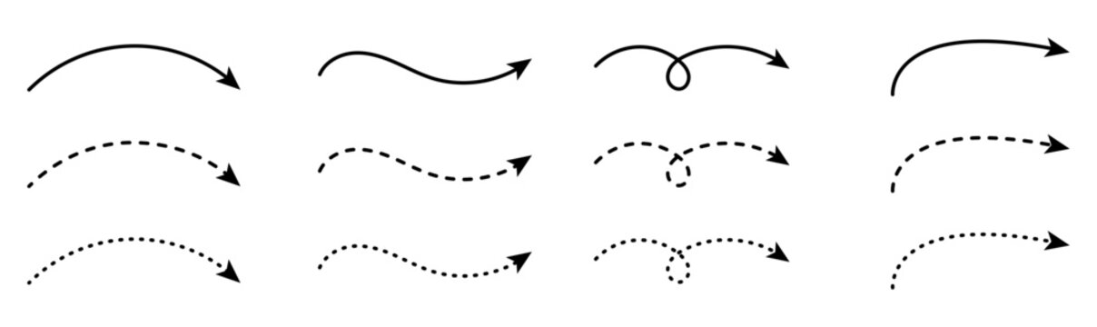 Curved Arrows Set - Smooth, Dashed, and Dotted Line Arrow Styles for Direction and Highlighting.