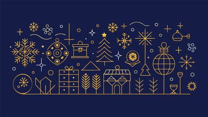 A blue Christmas and New Year card featuring elegant gold geometric shapes..eps