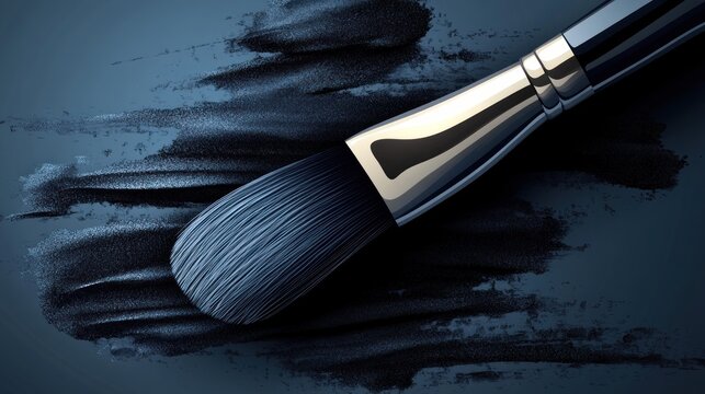 A makeup brush rests on a dark surface, surrounded by elegant color strokes